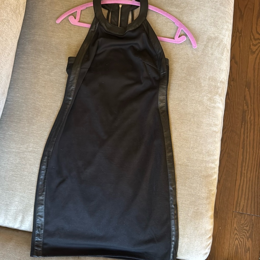 Black Bloomingdale’s aqua dress with leather detailing